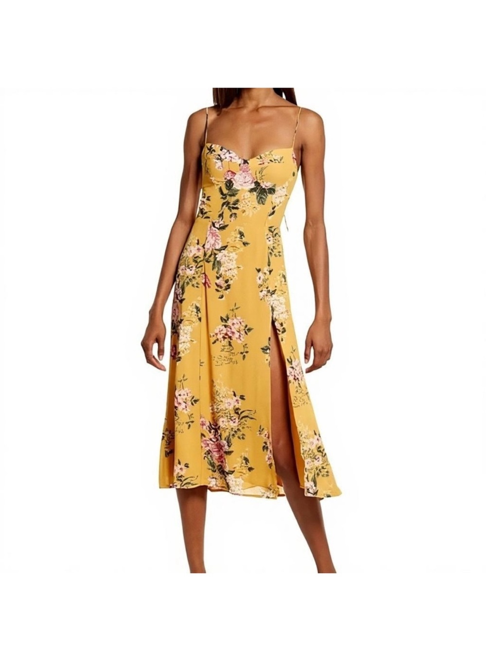 Reformation Juliette Yellow Floral Spaghetti-Strap Midi Dress